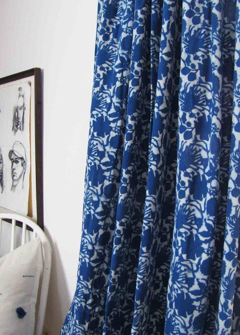 Blue Flowers - Bohemian Indigo Home Decor / Window Curtain: 56