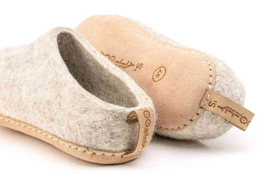 Indoor Open Heel Slippers With Leather Sole - Light Brown: 38