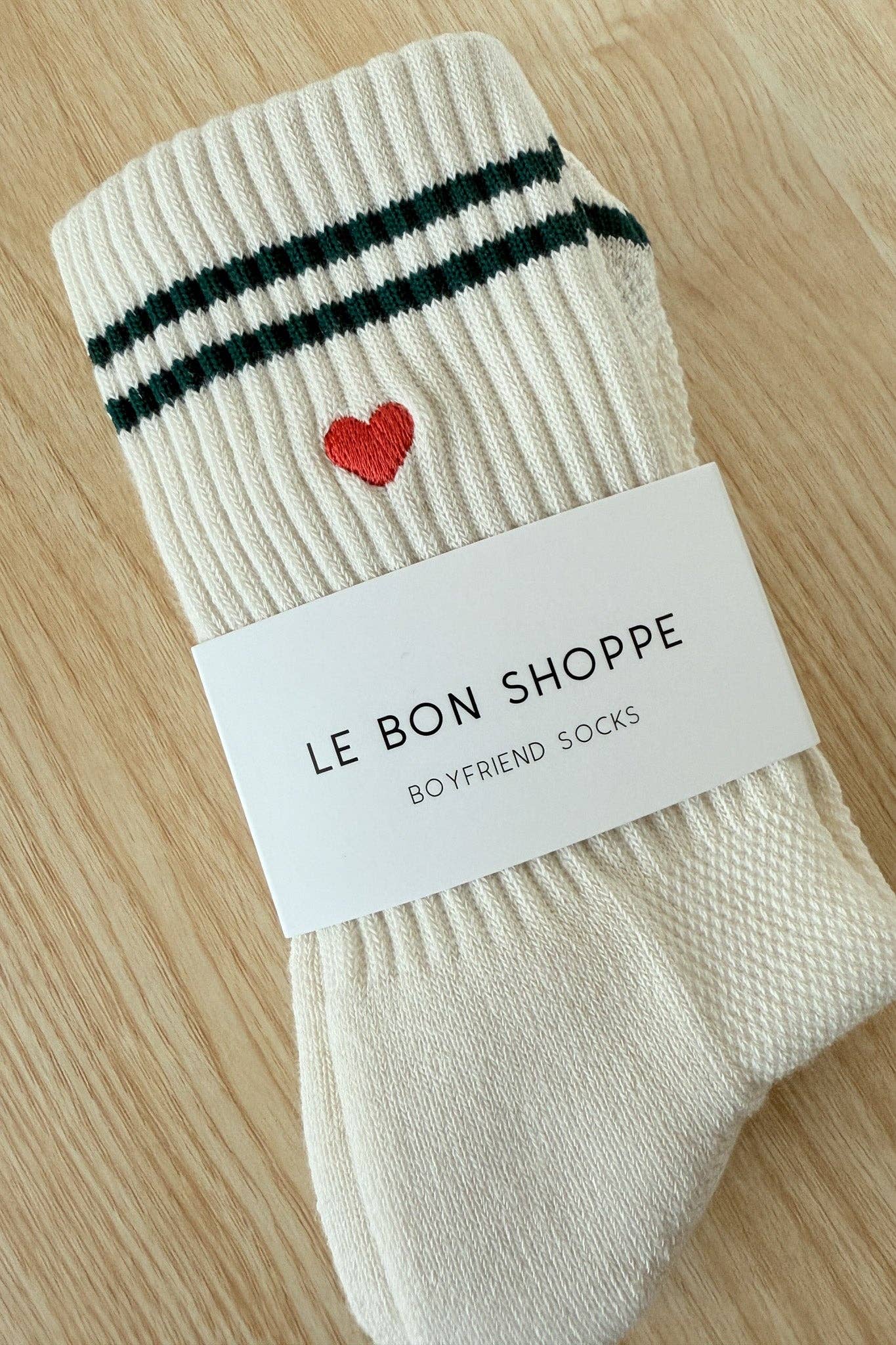 Embroidered Boyfriend Socks (wholesale): Parchment + Heart