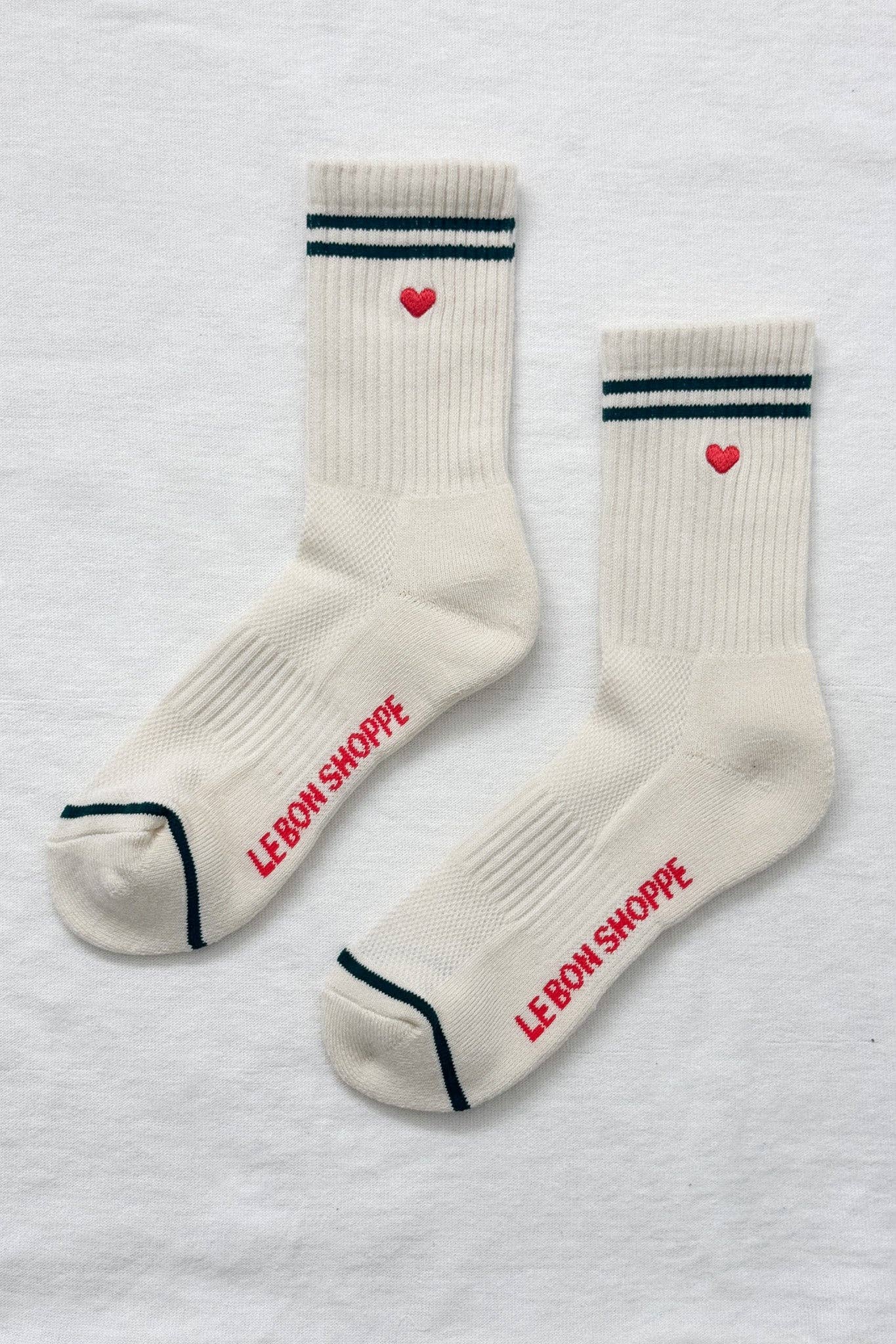 Embroidered Boyfriend Socks (wholesale): Parchment + Heart