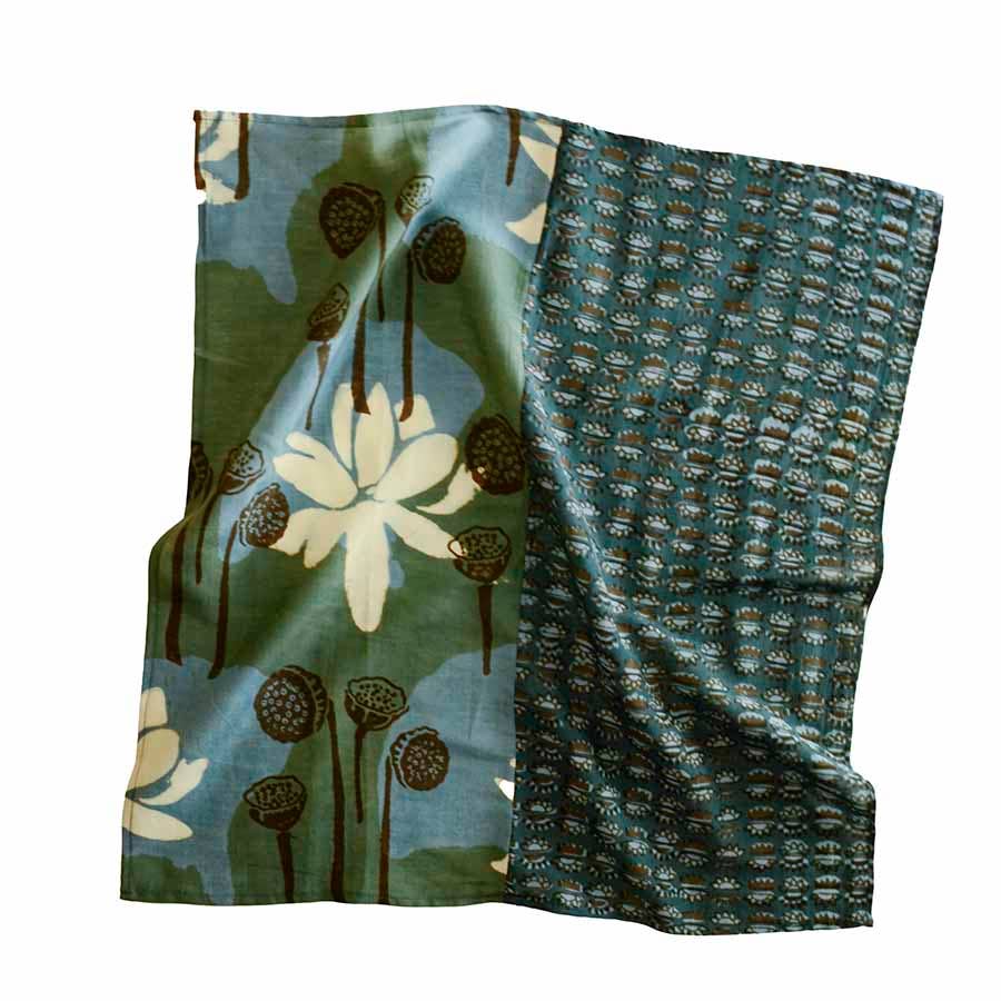 Dual Design Hand Block Printed Green Square Bandana | Dove