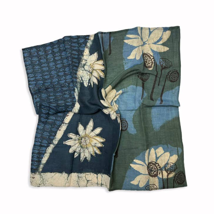 Dual Design Hand Block Printed Green Square Bandana | Dove