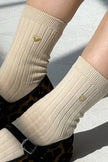 Embroidered Her Socks - Mercerized Combed Cotton Rib: Pink Water + Heart