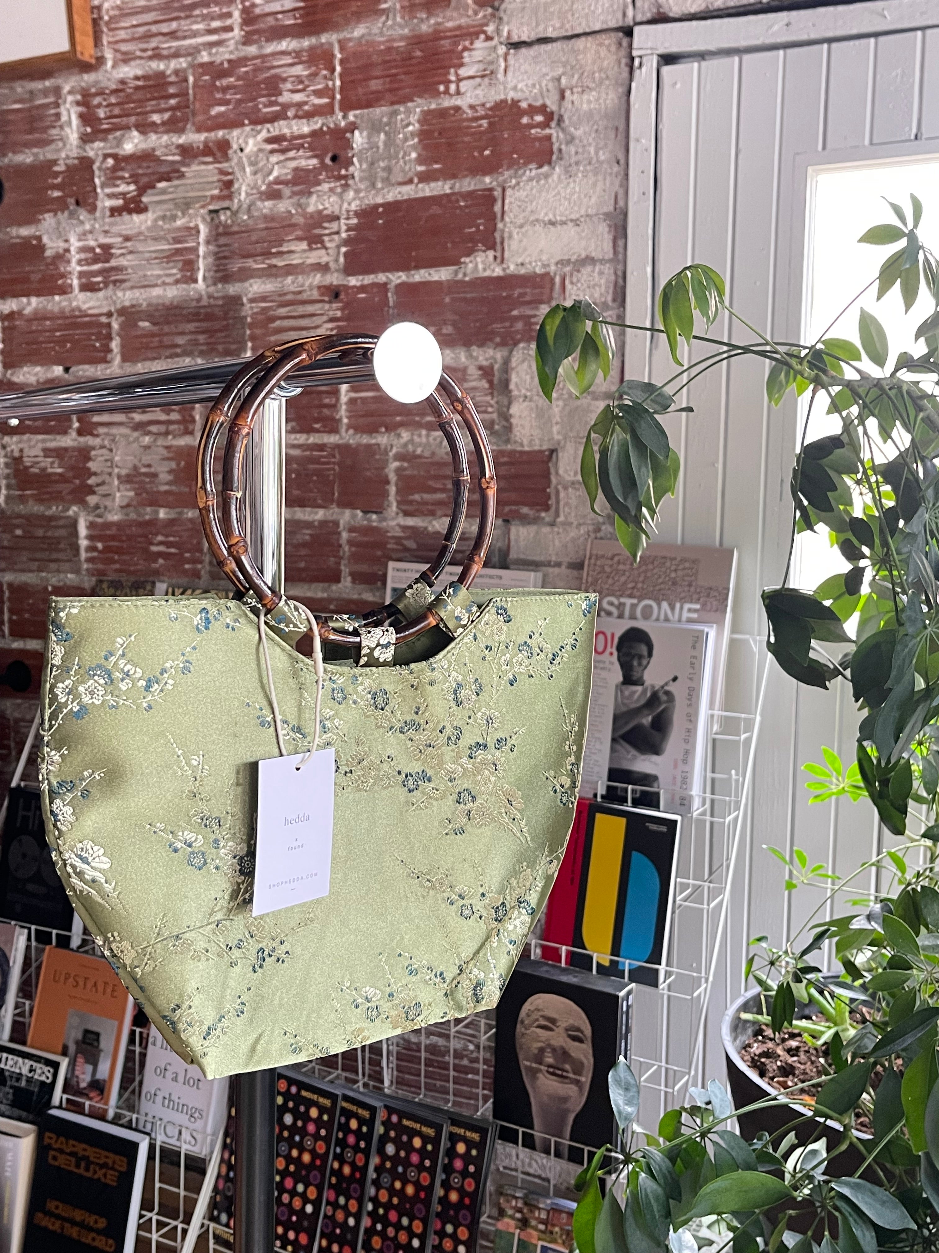 Vintage Green Floral Satin & Bamboo Bag