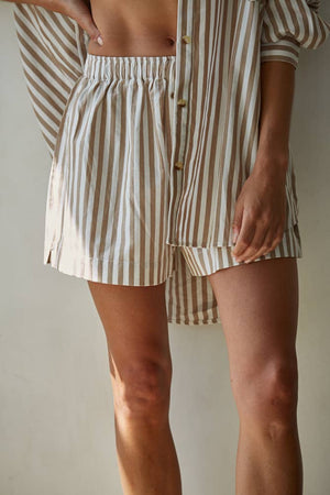 Woven Cotton Striped Wide Leg Shorts : Ivory Taupe