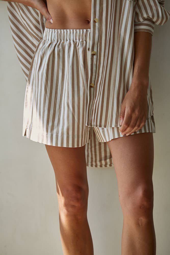 Woven Cotton Striped Wide Leg Shorts : Ivory Taupe