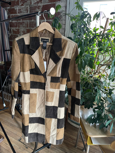 Vintage 90’s Era Brown Geometric Tonal Suede Mid Length Jacket