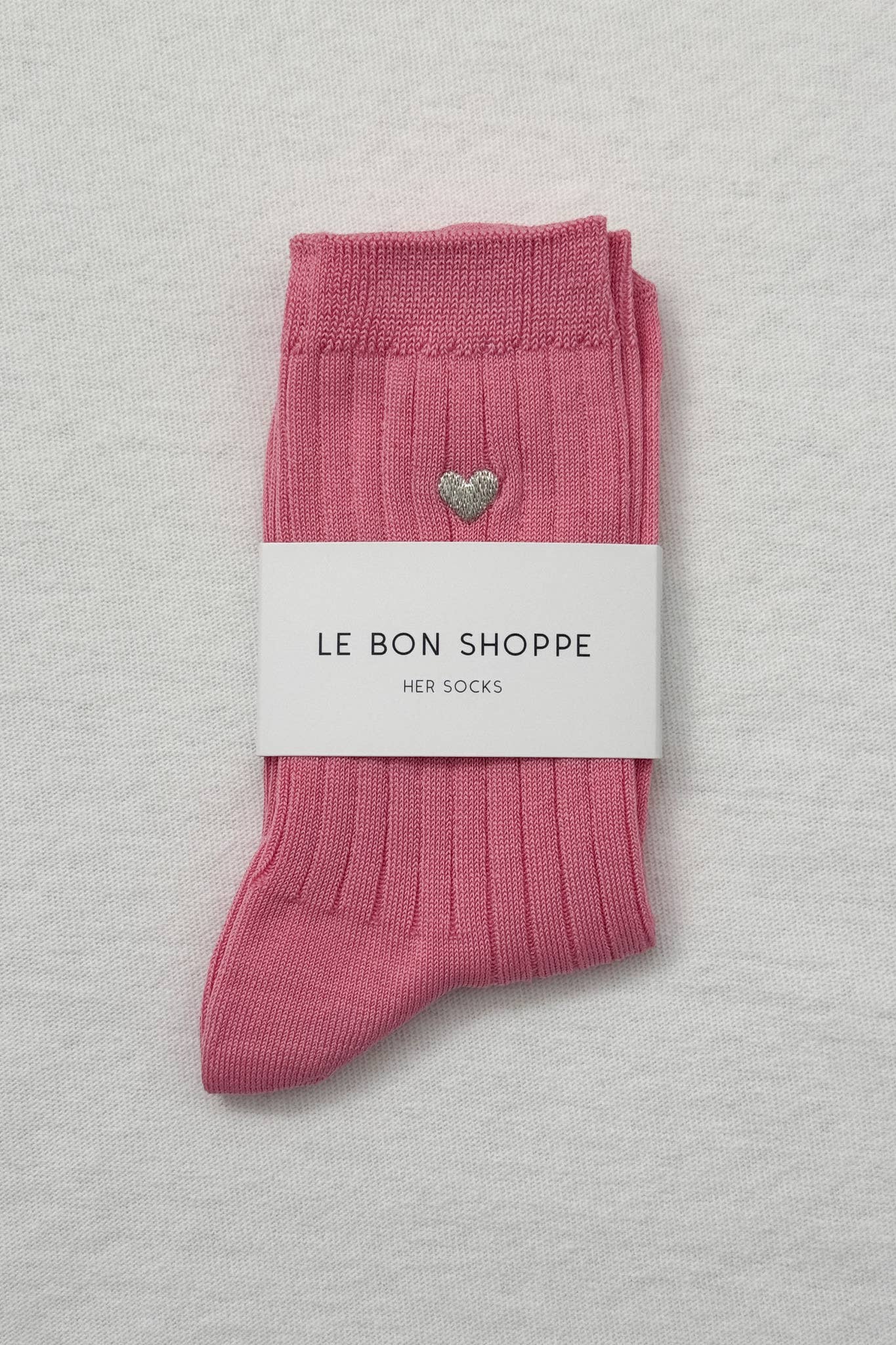 Embroidered Her Socks - Mercerized Combed Cotton Rib: Pink Water + Heart