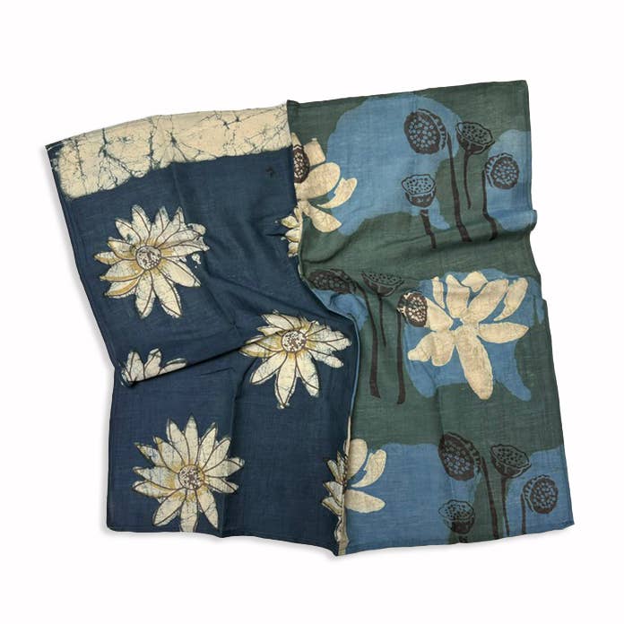 Dual Design Hand Block Printed Green Square Bandana | Dove