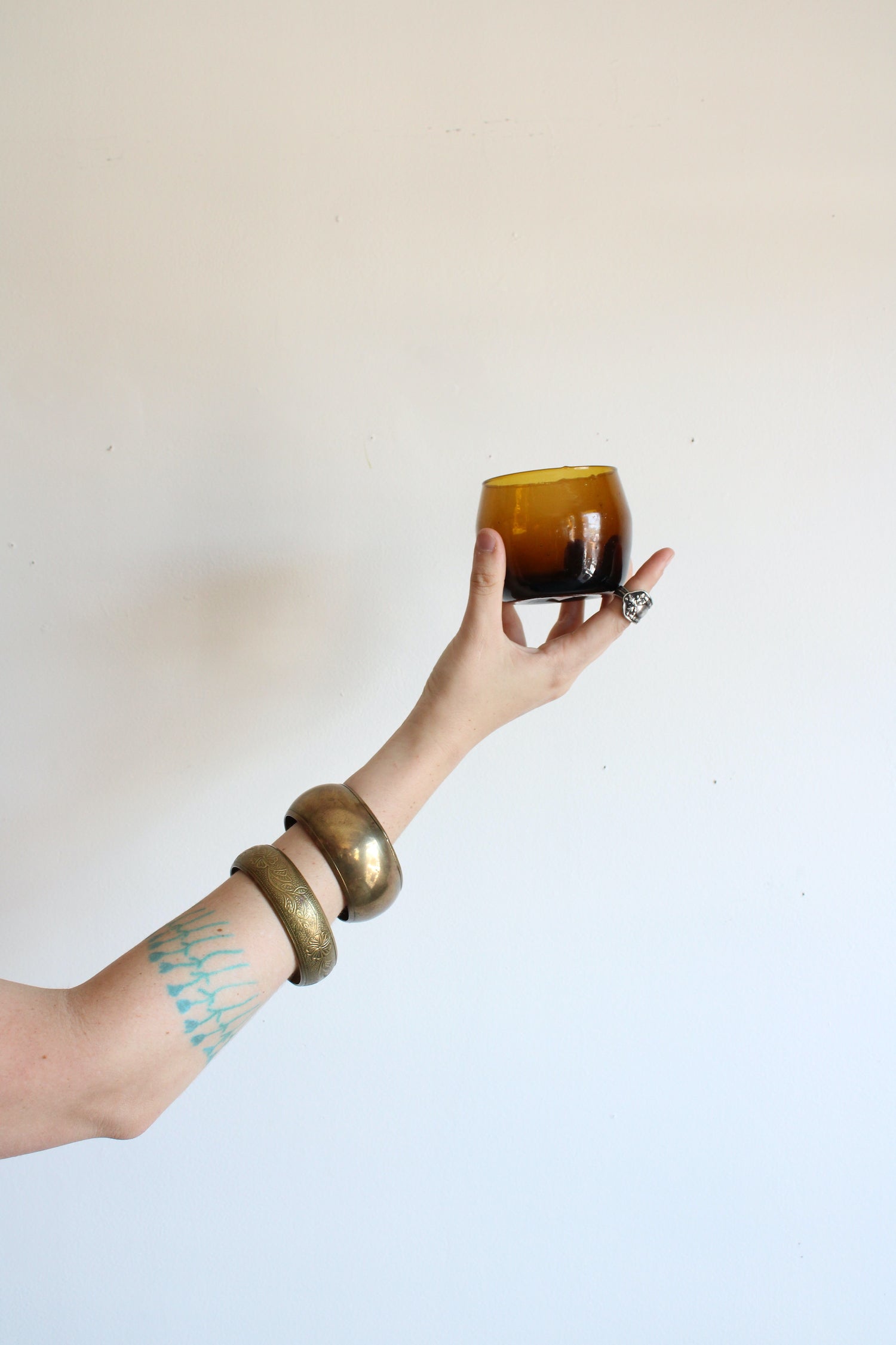 Moroccan Recycled Glass Stemless Goblet in Amber