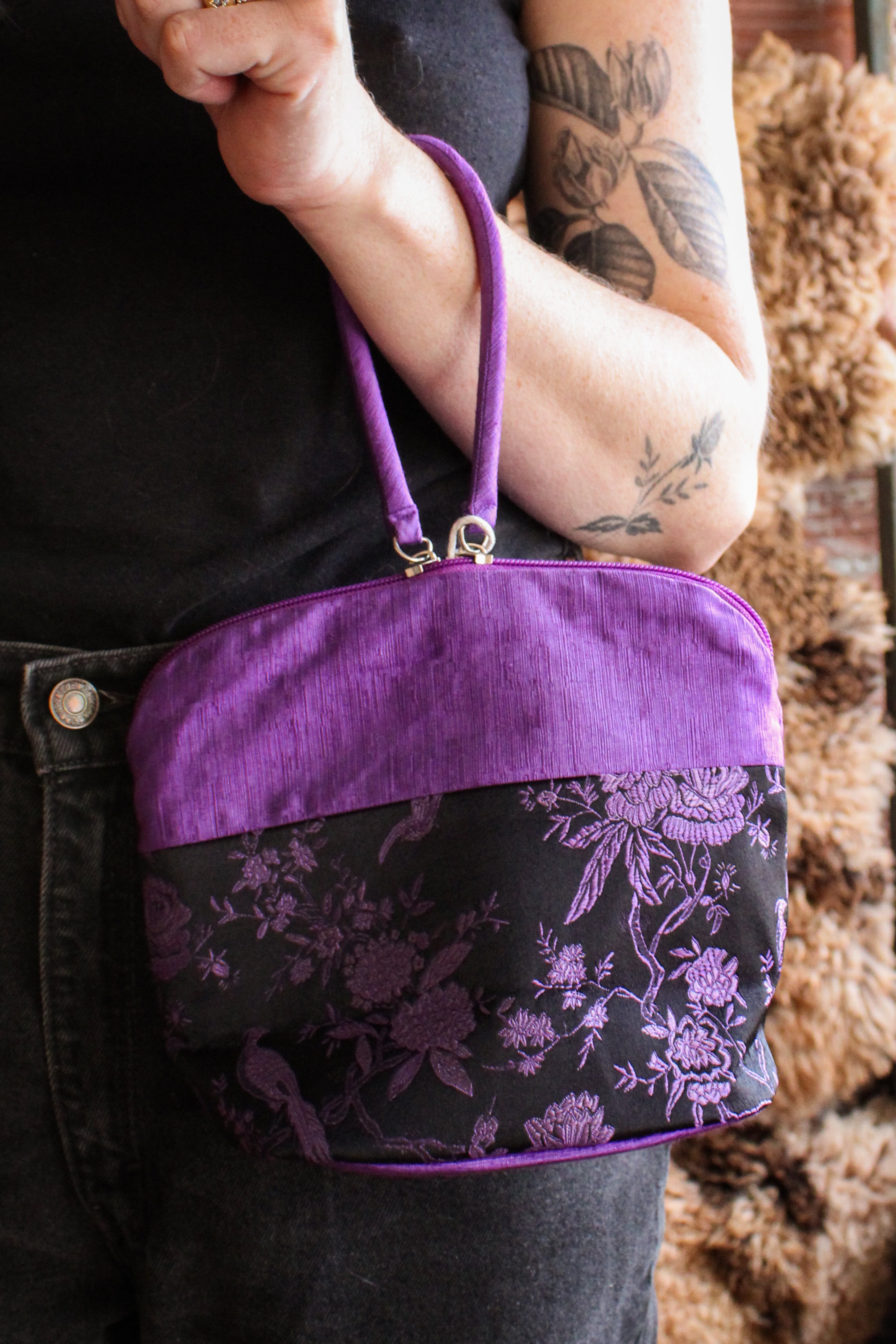 vintage purple and black satin wristlet