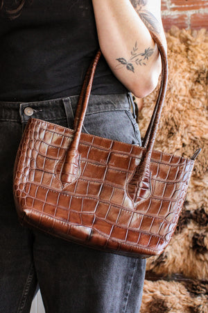 vintage furla brown croc embossed leather mini tote purse