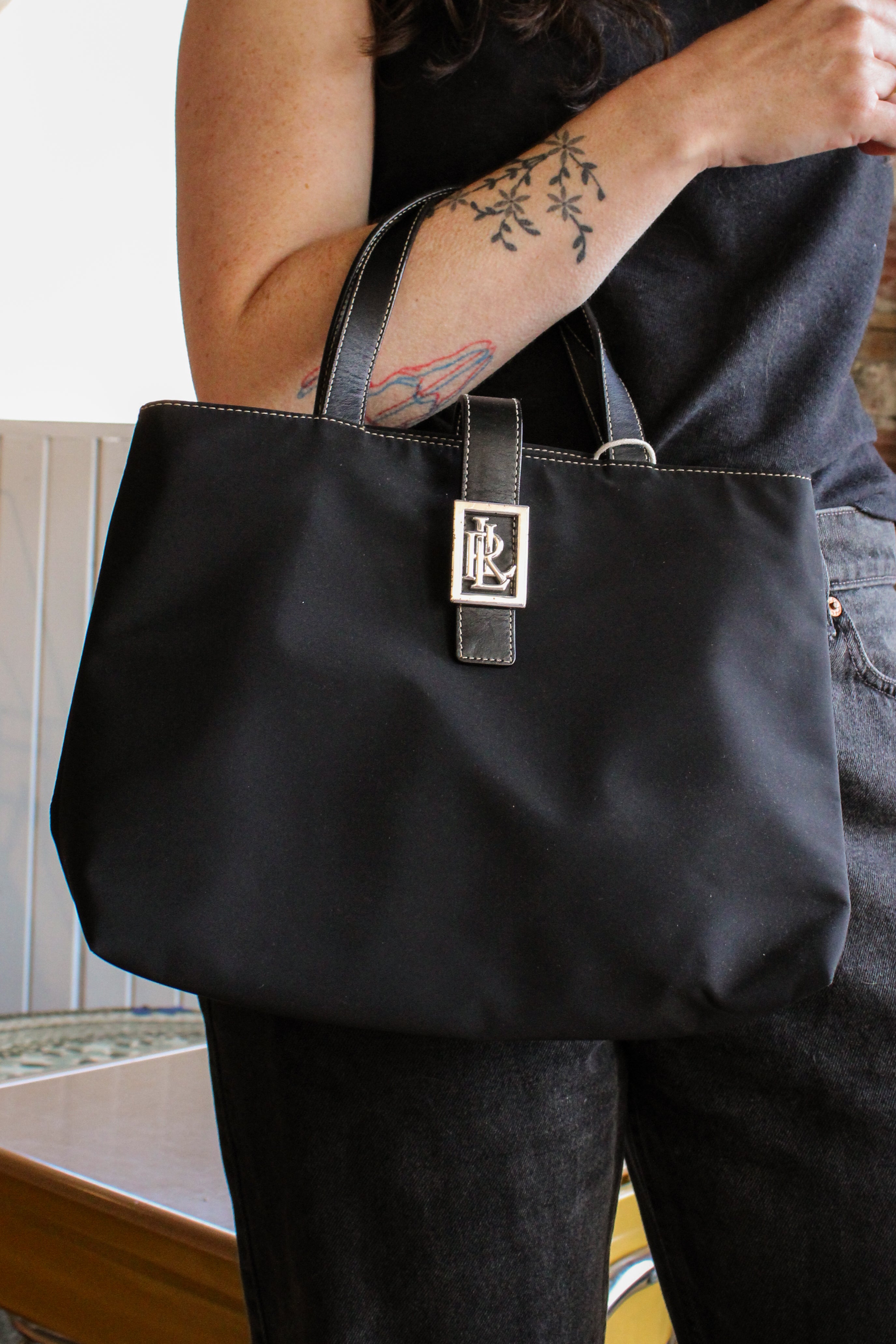 vintage black nylon, leather, and silver ralph lauren handbag