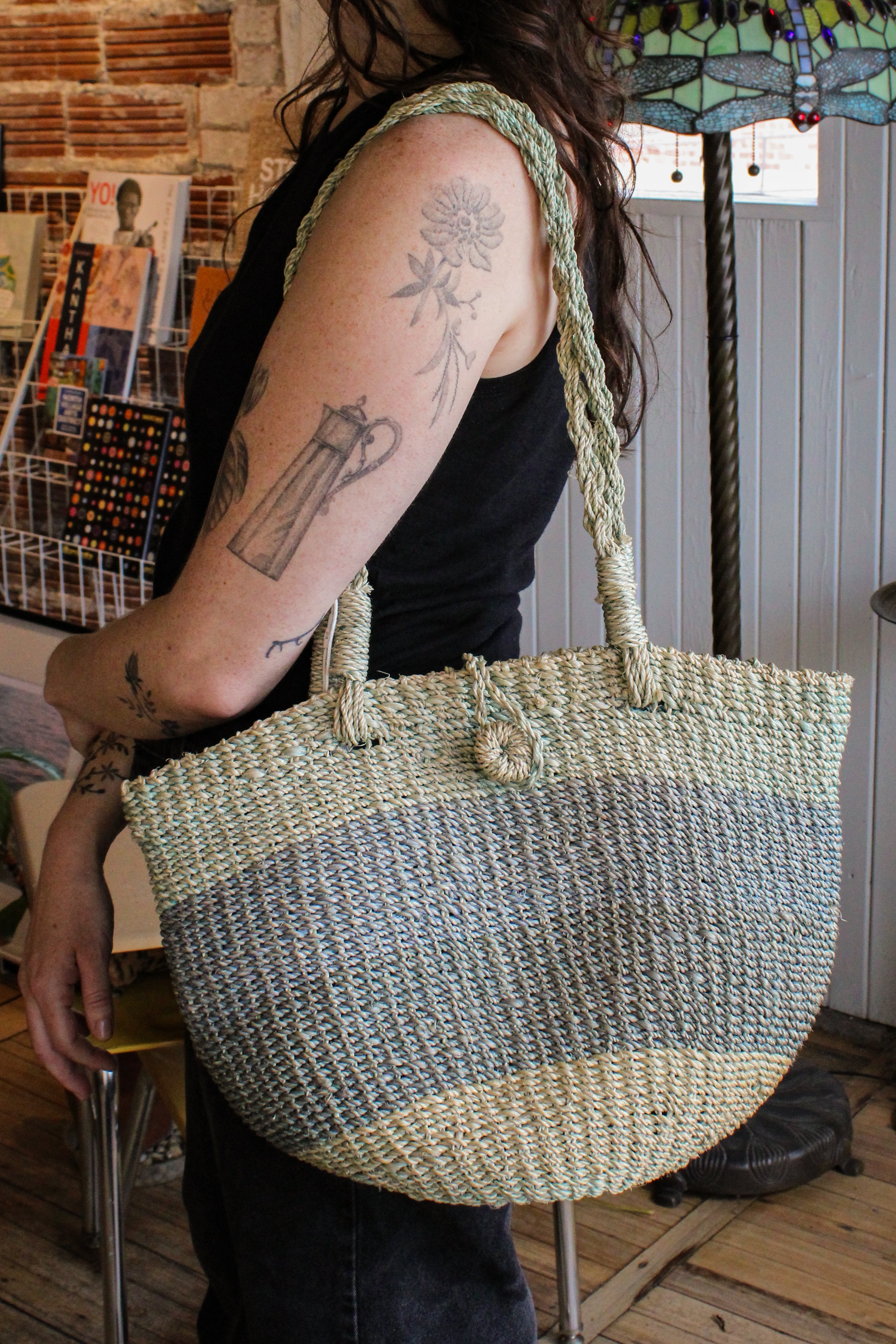 blue tonal seagrass tote bag