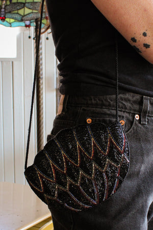 black multi beaded fan shape crossbody
