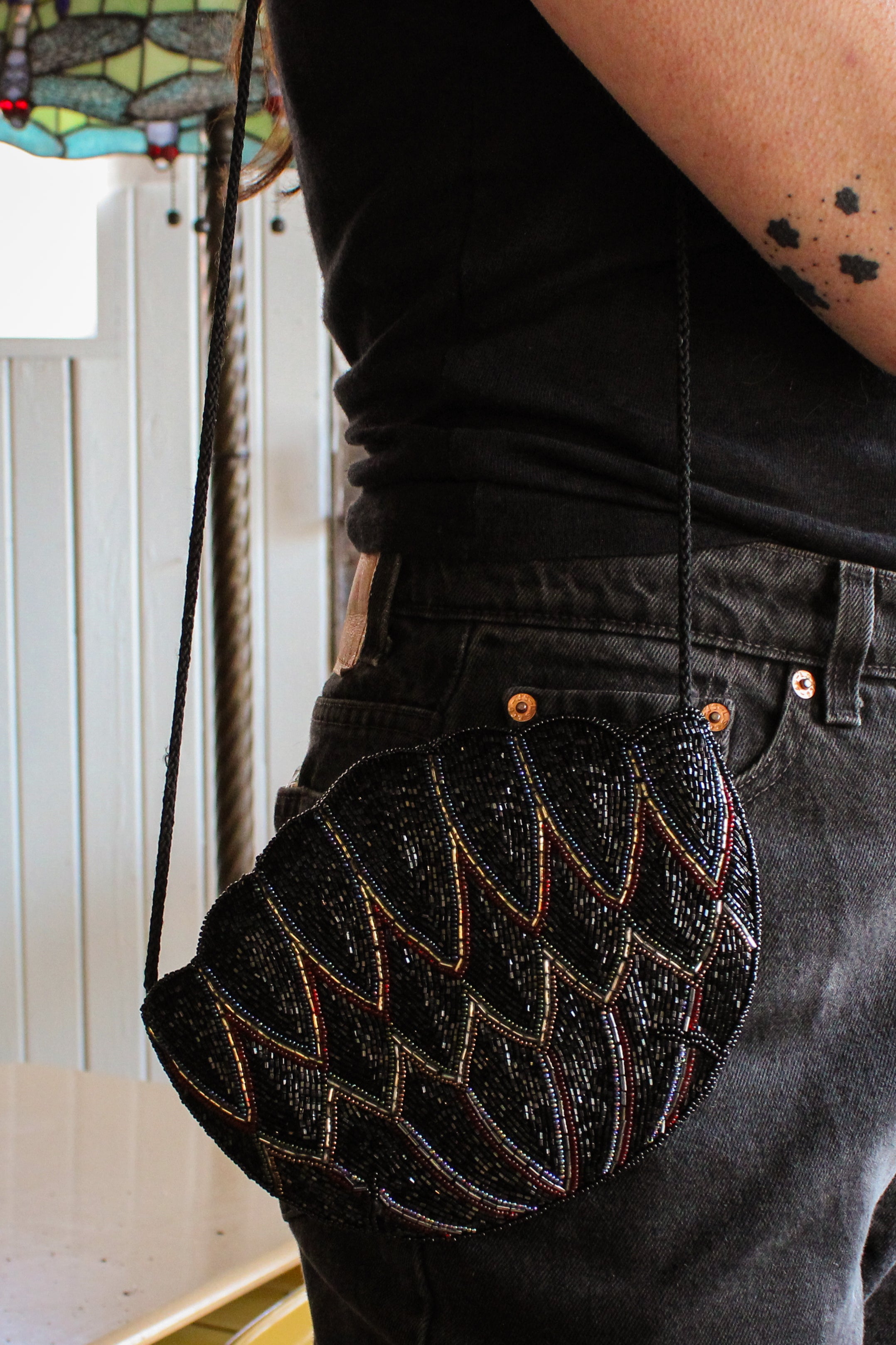 black multi beaded fan shape crossbody