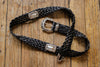woven black leather belt with silver hardware details