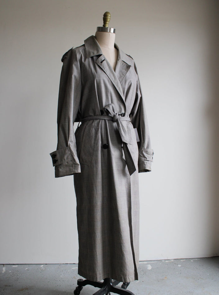 Vintage Gray Puppytooth Plaid Long Trench Coat