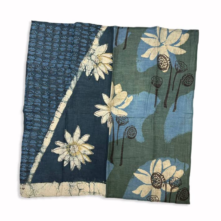Dual Design Hand Block Printed Green Square Bandana | Dove