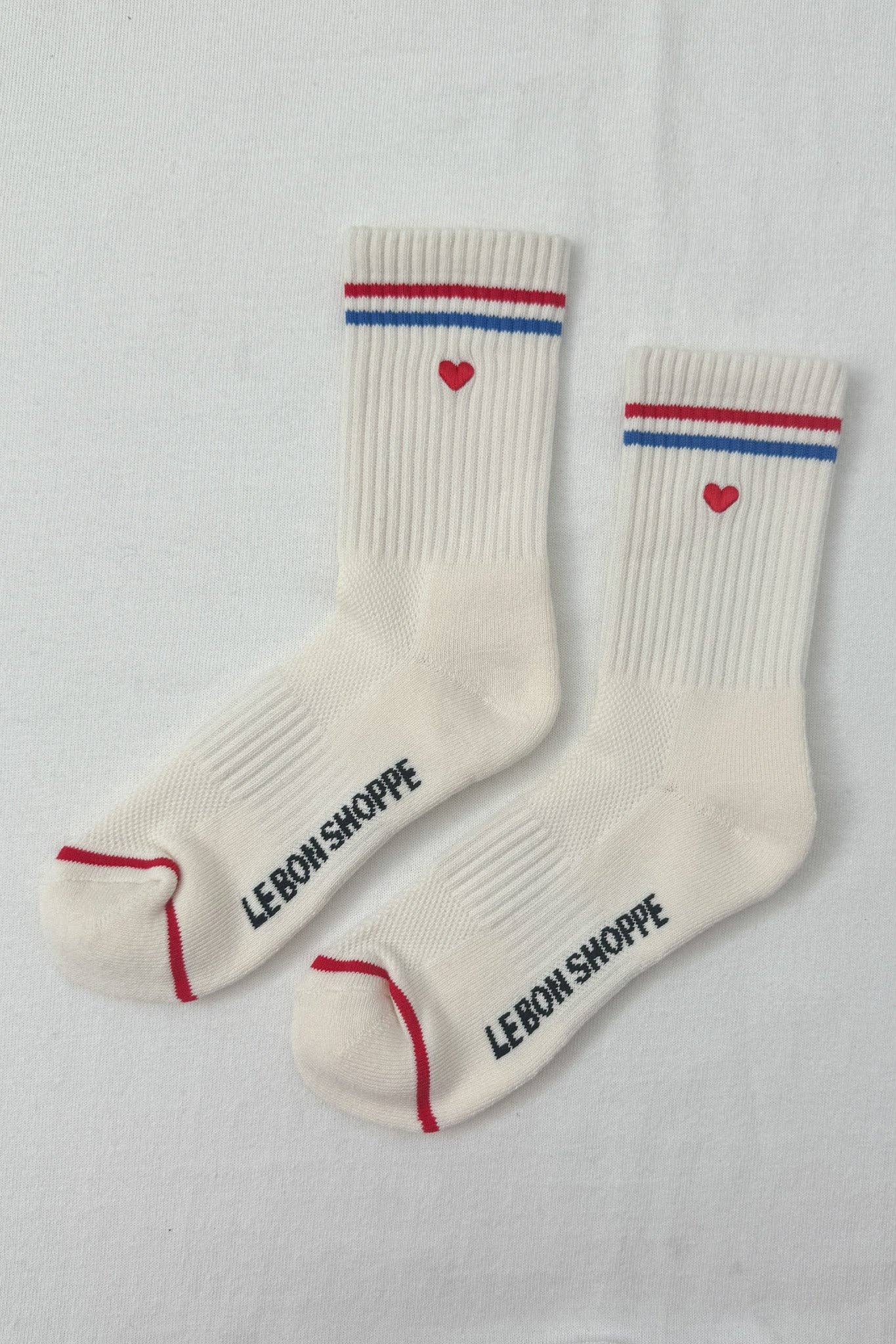 Embroidered Boyfriend Socks (wholesale): Parchment + Heart