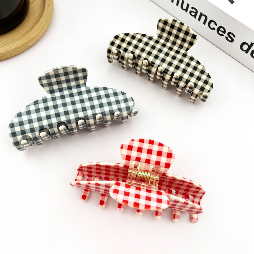 Minimalist Acetate Checkerboard Hair Claw Clip: Pink Red