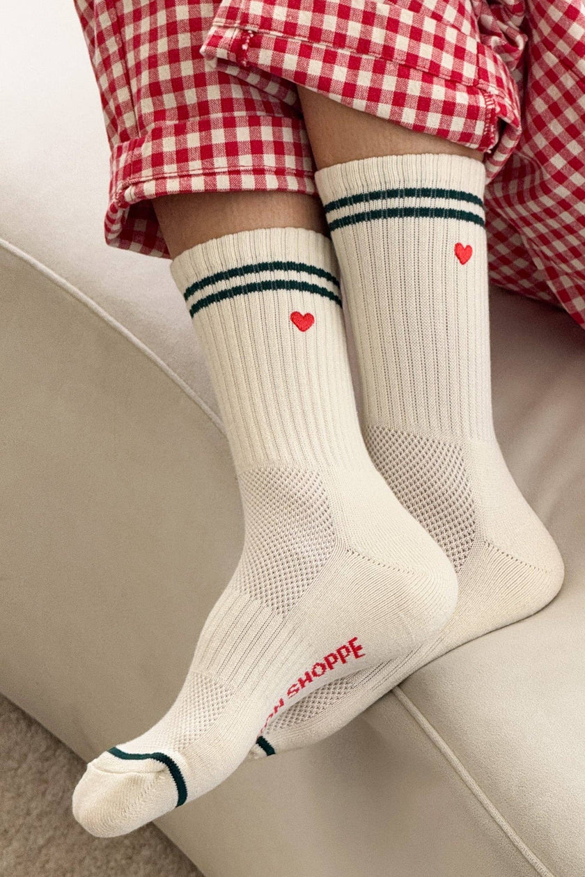 Embroidered Boyfriend Socks (wholesale): Parchment + Heart