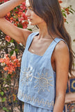 L9640T | Woven Linen Cotton Embroidered Sleeveless Top: Lavender Blue / M