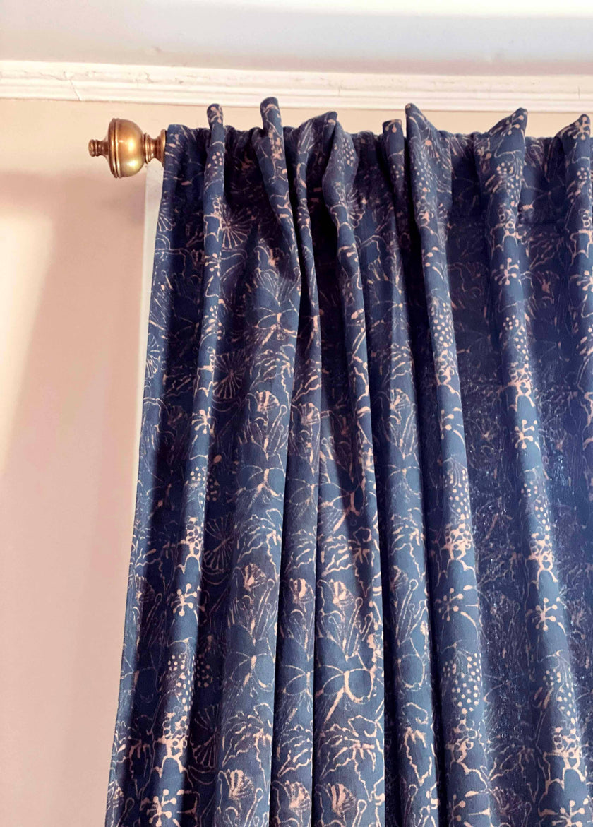 Handloom Block Print Curtain, Indigo Floral Panel | Haseena: 56