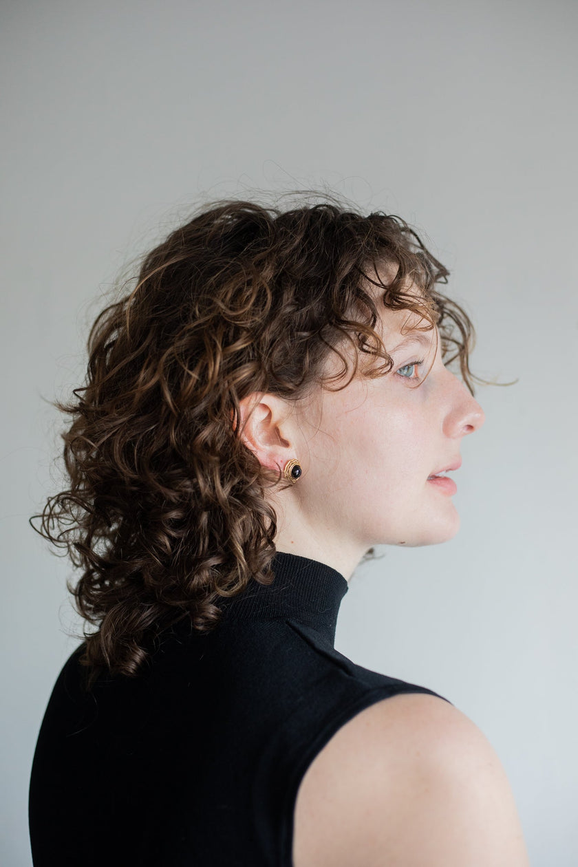 Vintage Jewelry Black and Gold Tone Circular Ornate Studs