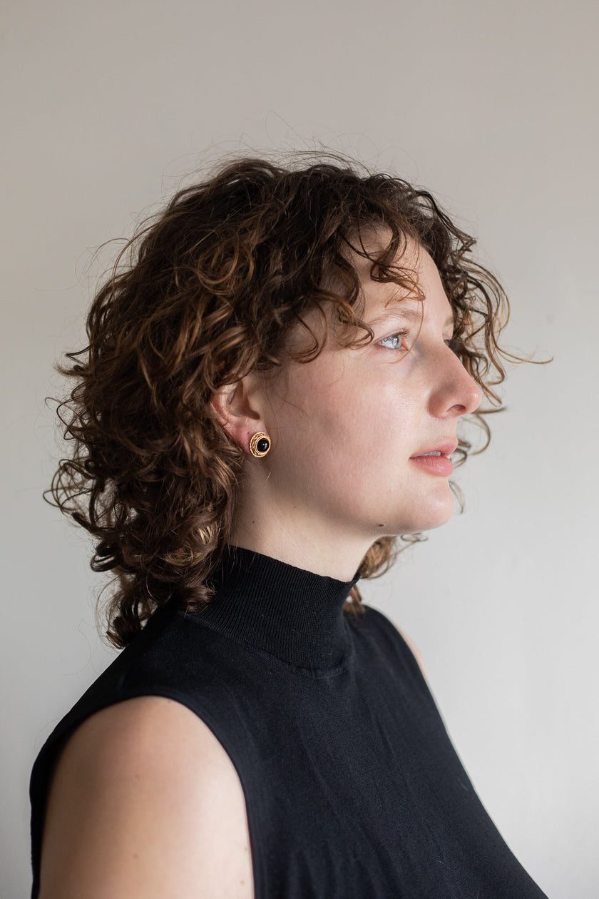 Vintage Jewelry Black and Gold Tone Circular Ornate Studs