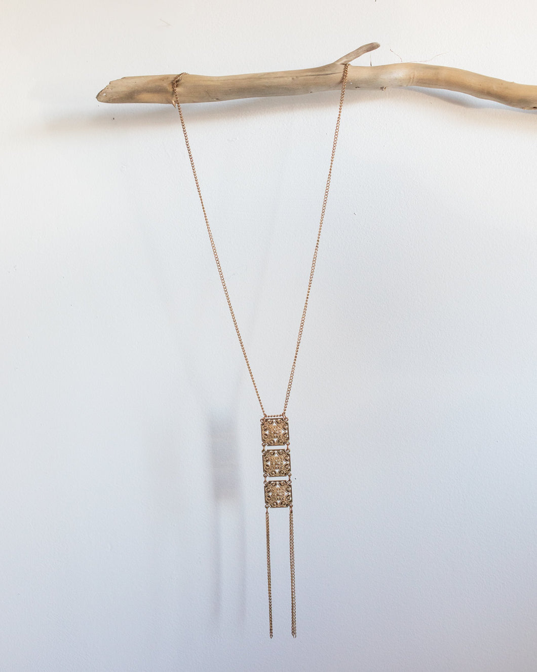 Long Gold Tone Drop Squares Necklace