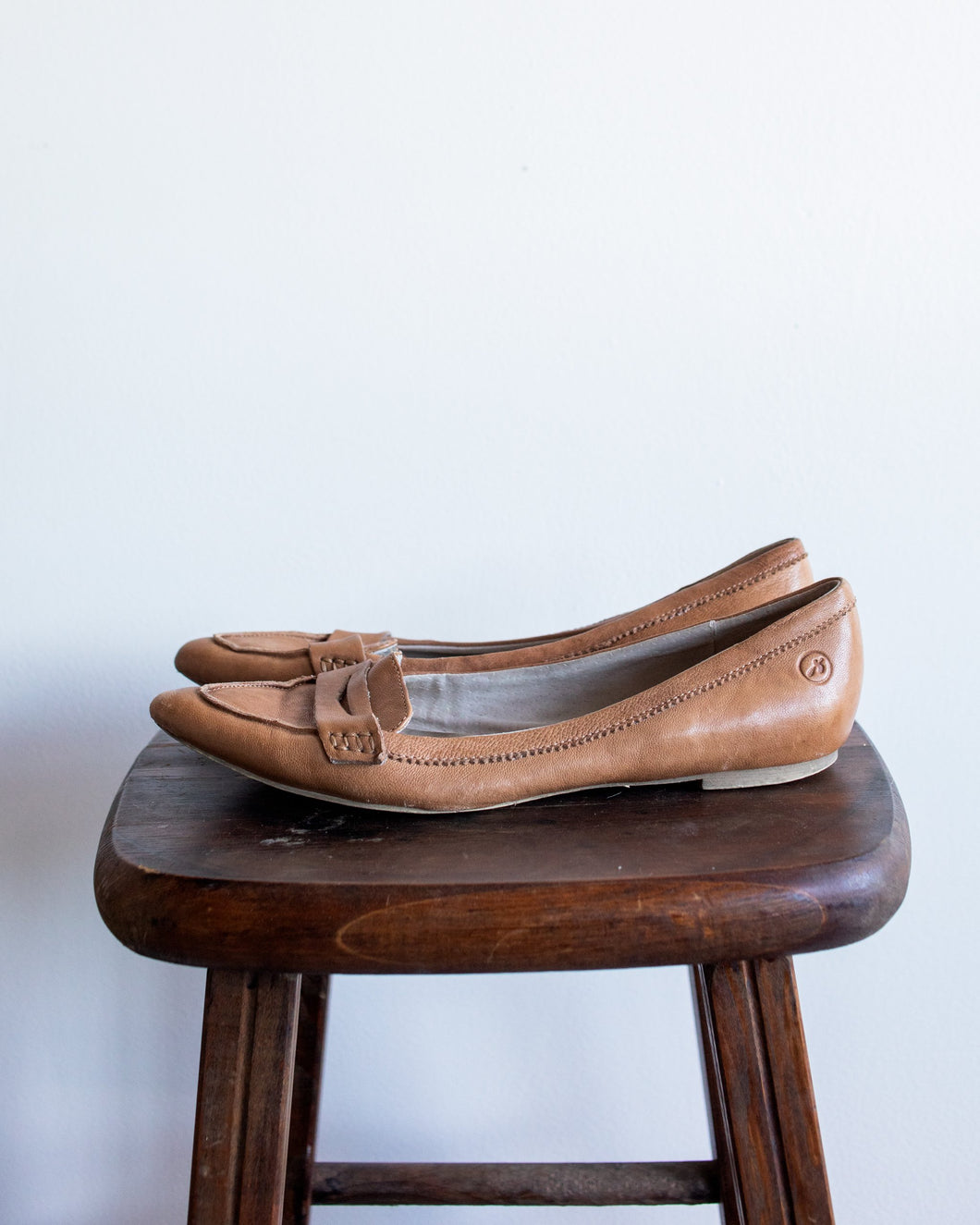 Beige Leather Pointed Flats