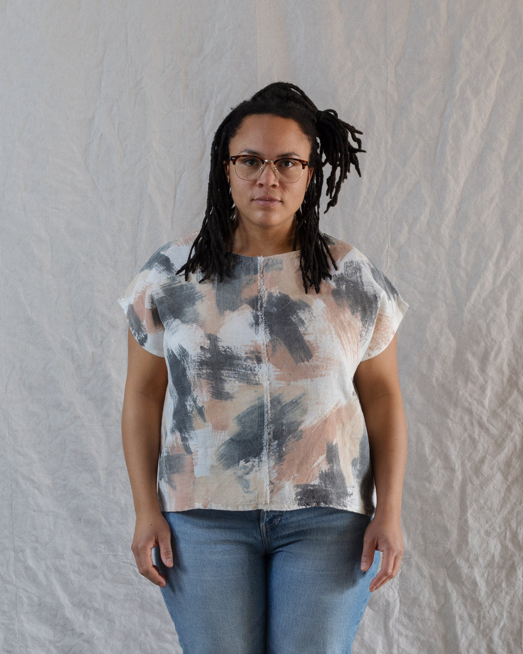 Short sleeve Alix top in hand painted mid weight linen
