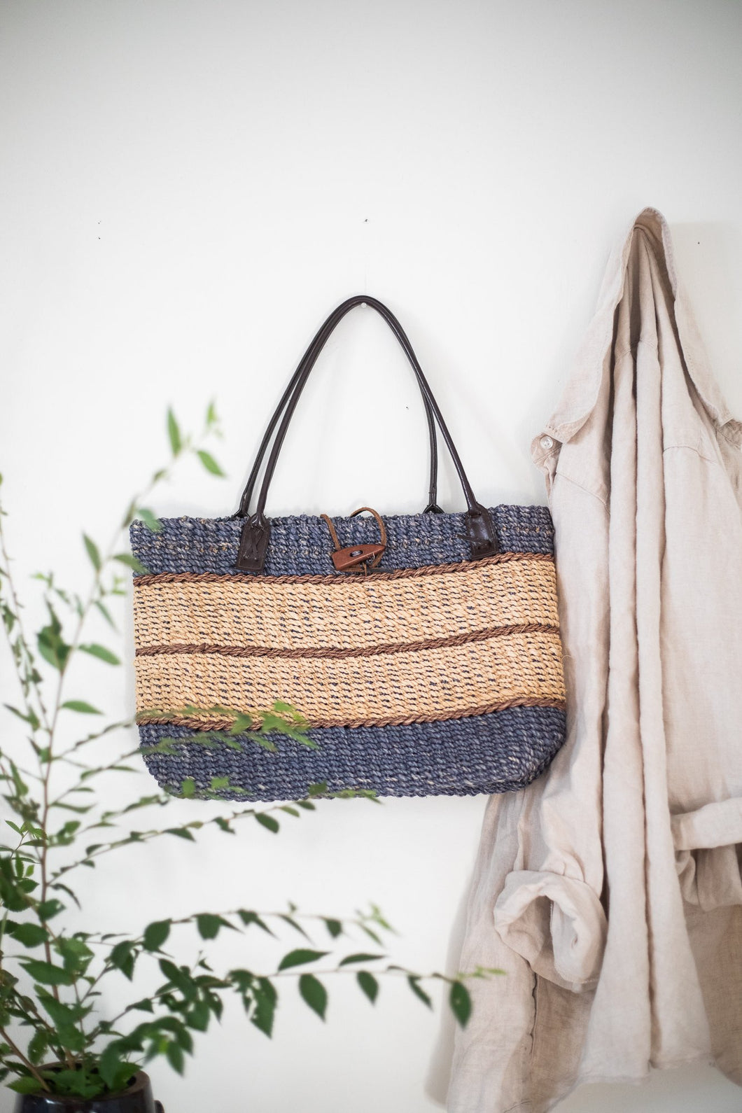 Blue and Beige Woven Tote